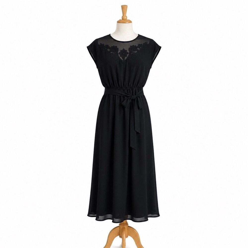 Vintage Themes Black Midi Dress Sheer Mesh Floral Embroidery Belted Size 10